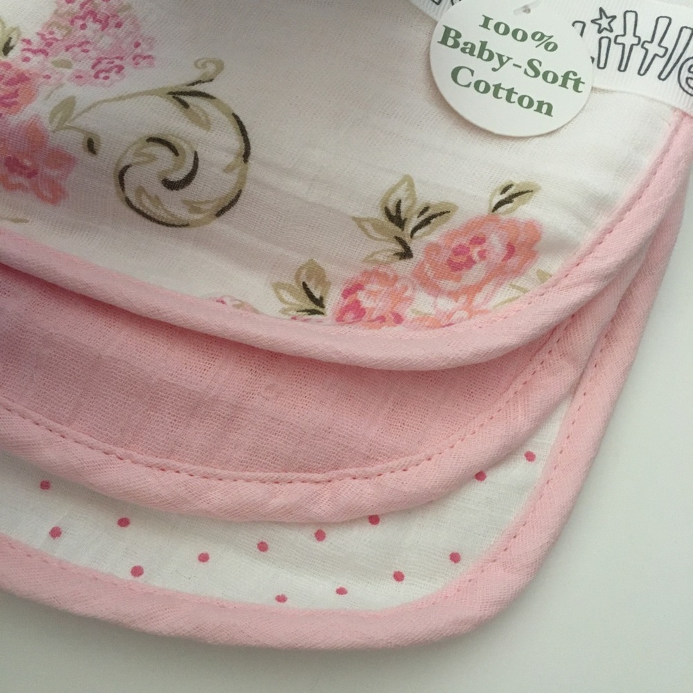 NEW Cotton Muslin Bib Set of 3 Floral Pink Print | Little Me - Picture 4 of 8
